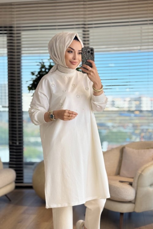 3138 Taş Ve İnci Detaylı Midi Boy SweatShirt Ekru