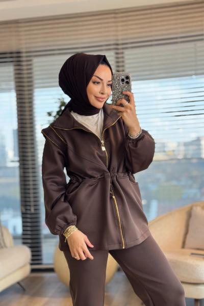 3151 Omuzları Fermuar Detaylı Takım Kahve