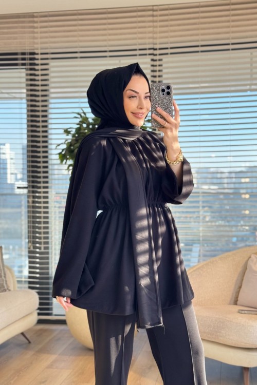 3158 Atkı Detaylı Beli Büzgülü Tunik Siyah