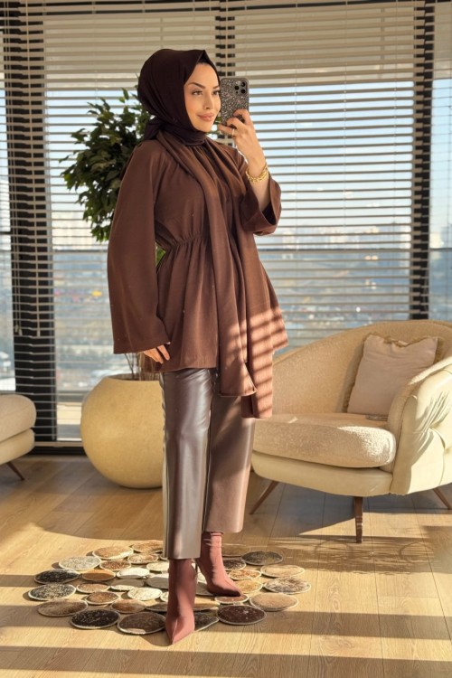 3158 Atkı Detaylı Beli Büzgülü Tunik Kahve
