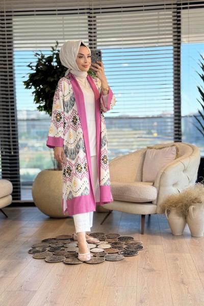 31589 Etnik Desen Baskılı Hırka Leylak