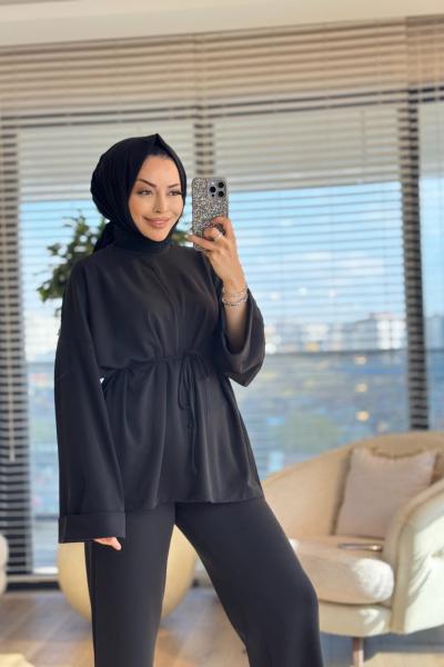 3179 Dikiş Ve Yırtmaç Detaylı Takım Siyah