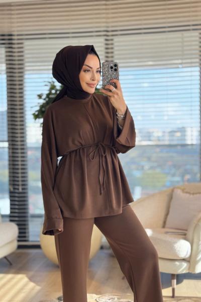 3179 Dikiş Ve Yırtmaç Detaylı Takım Kahve