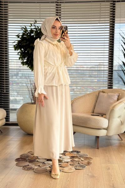 3196 Fırfır Detaylı Brode Gömlek Ekru