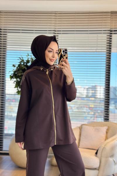 3215 Kontrast Garni Detaylı Takım Kahve