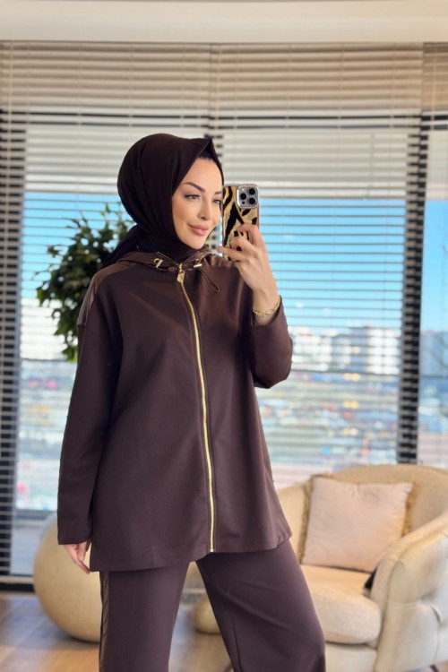 3215 Kontrast Garni Detaylı Takım Kahve