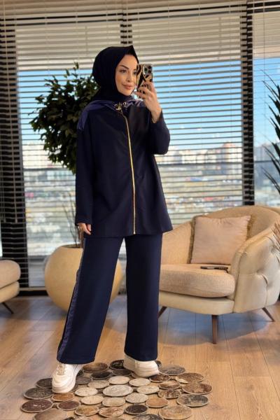 3215 Kontrast Garni Detaylı Takım Lacivert