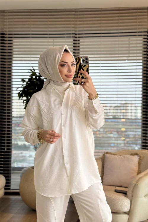 3226 Nakış Üstü Taş İşlemeli Gömlek Ekru