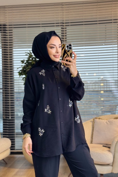 3228 Kristal Taş Detaylı Gömlek Siyah