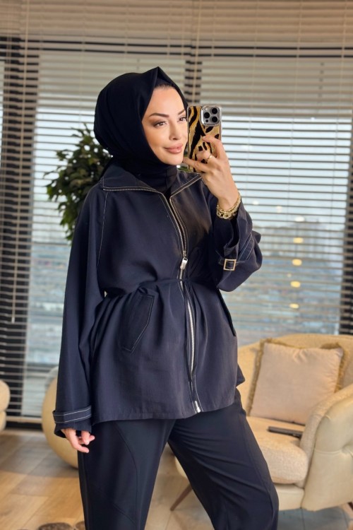 3238 Apolet Detaylı Fermuarlı Ceket Siyah