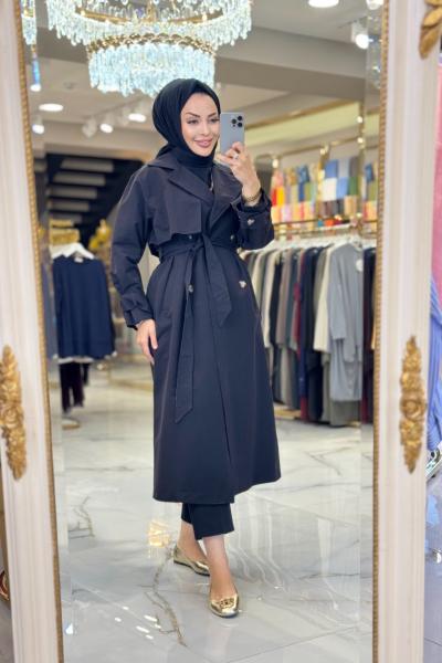 32390 Kolları Apolet Detaylı Trenç Siyah