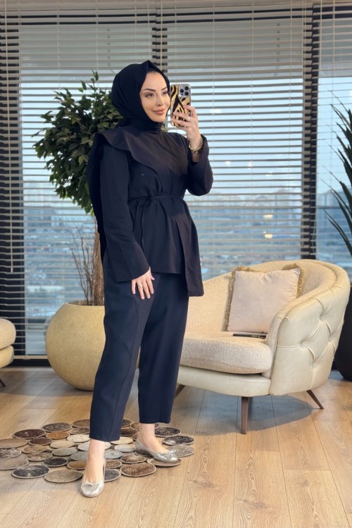 3244 Şal Detaylı Gömlek Siyah