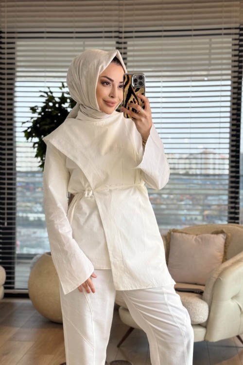 3244 Şal Detaylı Gömlek Ekru