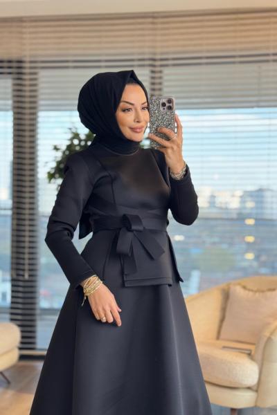 32459 Önü Kuşak Bağlamalı Etekli Takım Siyah
