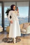 32459 Önü Kuşak Bağlamalı Etekli Takım Ekru