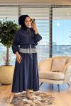 32482 Yaka Ve Baseni Çizgi Parçalı Etek Takım Lacivert