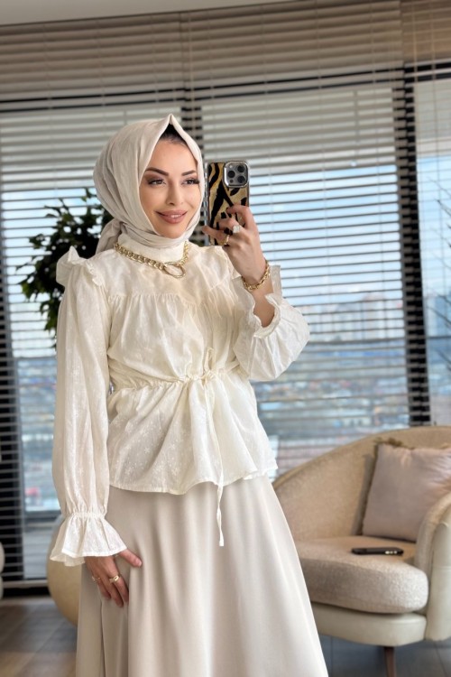 3249 Belden Bağcık Detaylı Gömlek Ekru