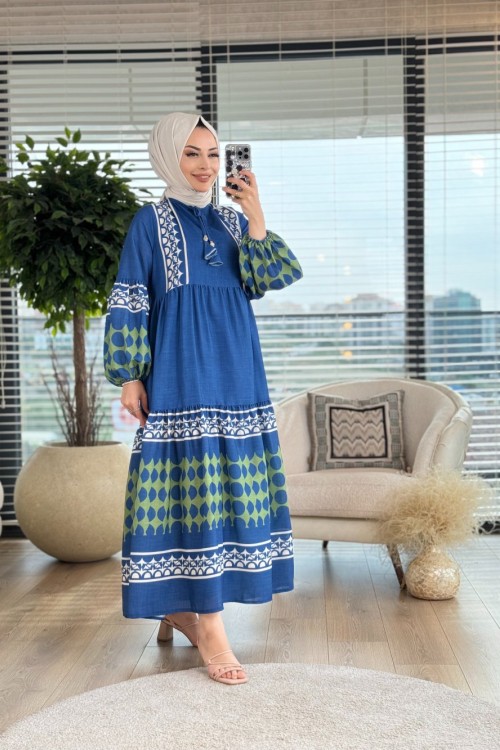 32495 Bordür Desenli Elbise Lacivert