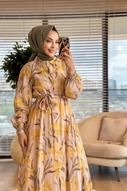 32511 Gofre Desenli Elbise Sarı