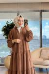 32528 Kendinden Desenli Elbise Kahve