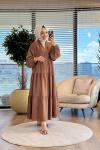 32528 Kendinden Desenli Elbise Kahve