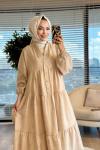 32528 Kendinden Desenli Elbise Bej