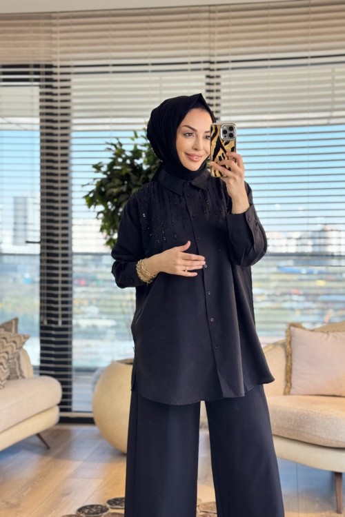 3272 Roba Sıralı Boncuk İşlemeli Gömlek Siyah
