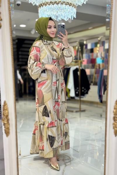 3289Y25 Keten Desenli Elbise Yağ Yeşili