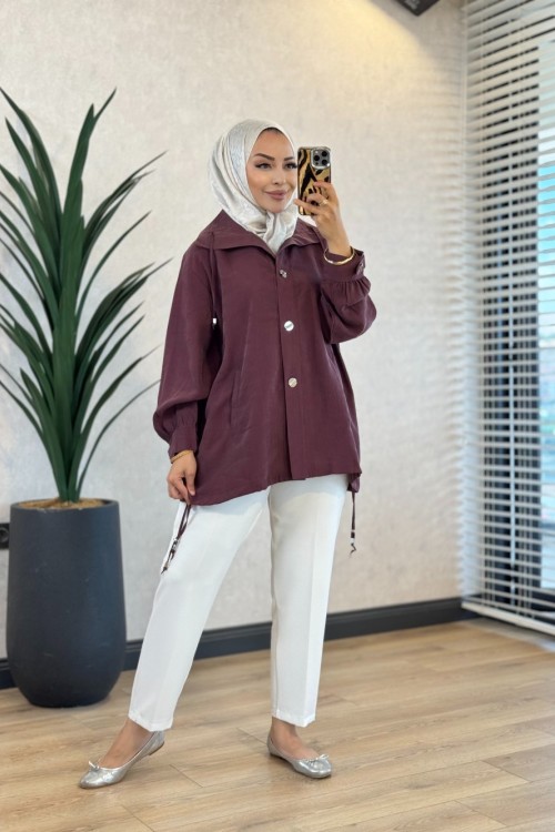 3291 Arkası Aller Detaylı Bağcıklı Ceket Mürdüm