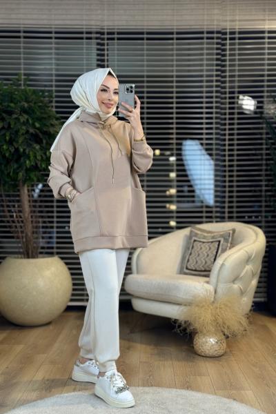 32966 Yaka Ve Kapşonlu Cepli SweatShirt Toprak