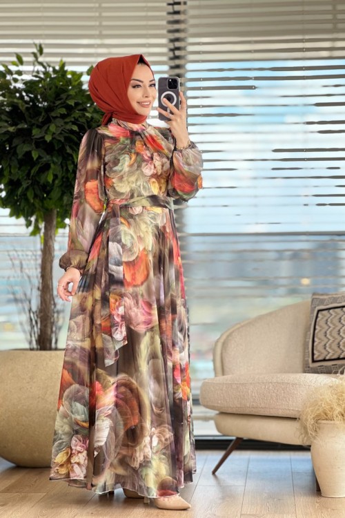 330058 Şifon Batik Desen Elbise Siyah