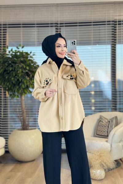 33092 Taş Detaylı Kaşe Ceket Toprak