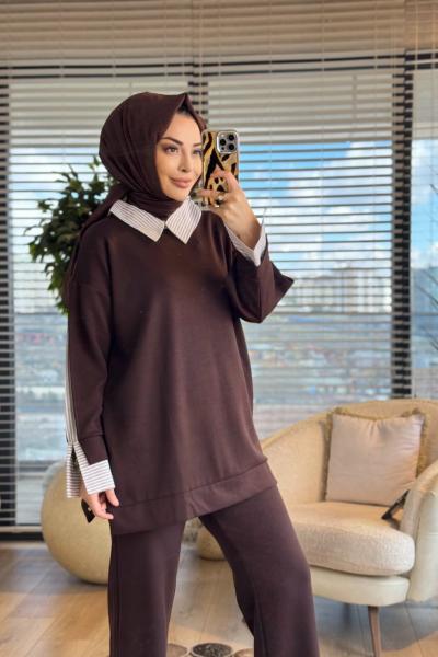 3314 Gömlek Yaka Garnili Takım Kahve