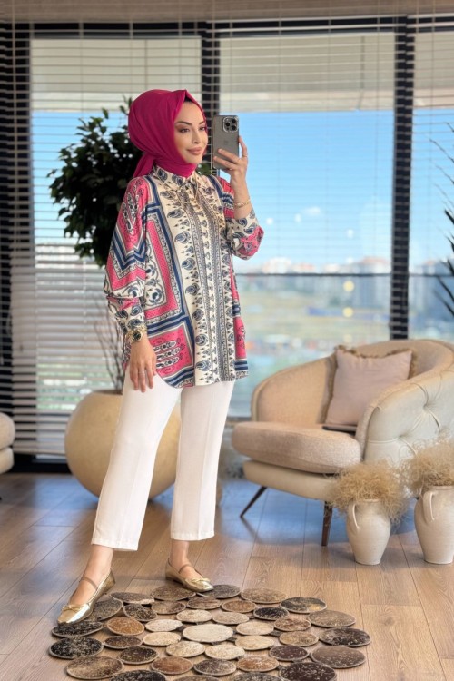 33148 Eşarp Desenli Gömlek Fuşya