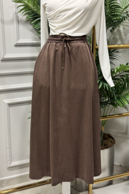 3322 Tencel Beli Lastikli Kloş Etek Kahve