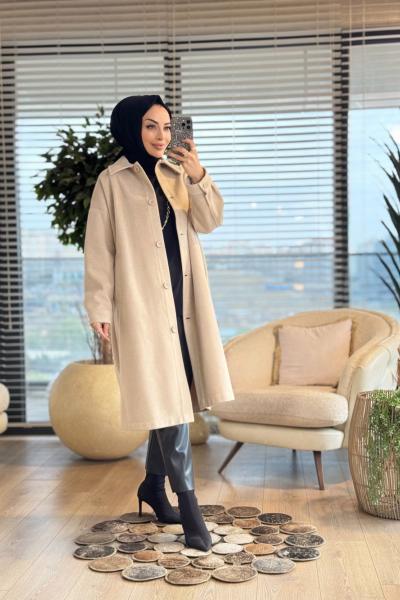 33380 Balıksırtı Önden Düğmeli Kaşe Kaban Bej