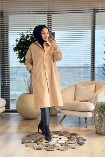 33380 Balıksırtı Önden Düğmeli Kaşe Kaban Camel