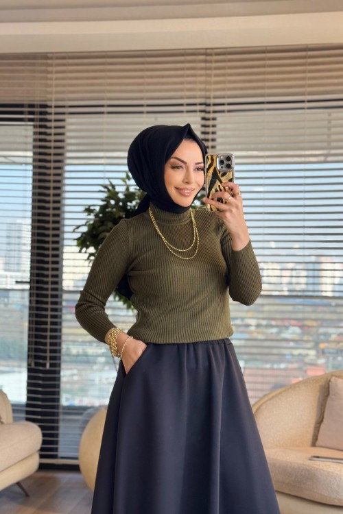 3347 Dik Yaka Triko Kazak Haki