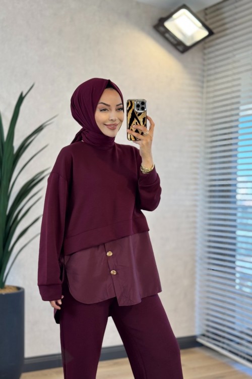 3352 Garnisi Düğme Detaylı Takım Bordo
