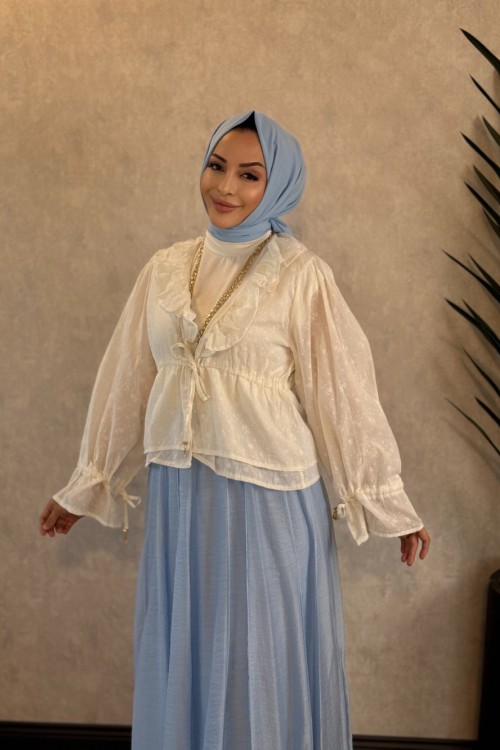 3368 Volan Detaylı Brode Kimono Ekru