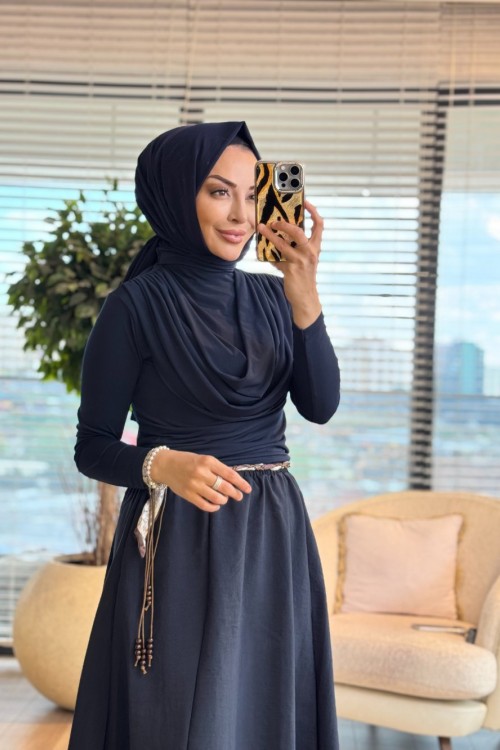3375 Kemeri  Detaylı Etek Lacivert