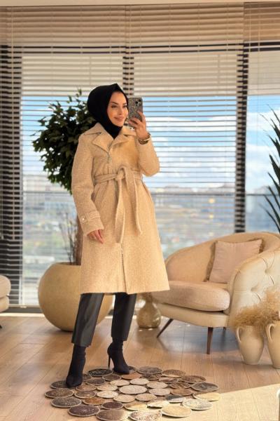 33752 Fermuarlı Melanjlı Kaşe Kaban Bej