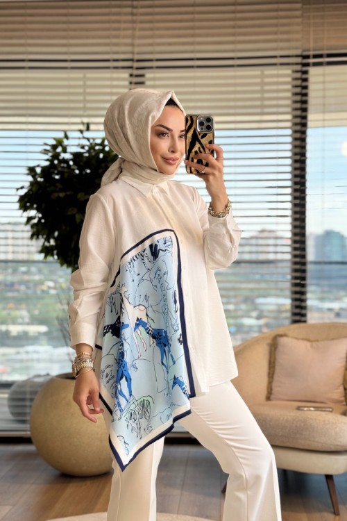 3380 Asimetrik Parça Detaylı Gömlek Ekru