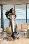 3389 Enine Kalın Çizgili Uzun Triko Tunik Siyah Bej