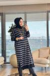 3389 Enine Kalın Çizgili Uzun Triko Tunik Siyah Antrasit