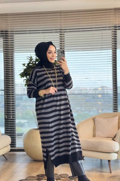 3389 Enine Kalın Çizgili Uzun Triko Tunik Siyah Antrasit