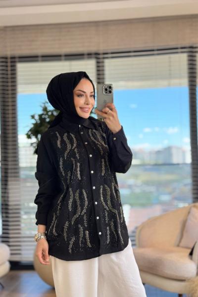 34004 Ön Boncuk Sıra Yaprak İşleme Gömlek Siyah