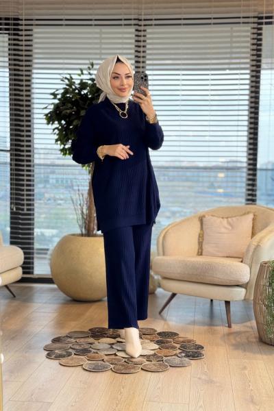 3444 Nopen Fitilli Triko Pantolon Takım Lacivert