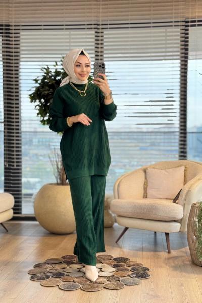 3444 Nopen Fitilli Triko Pantolon Takım Zümrüt