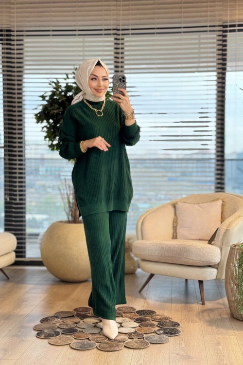 3444 Nopen Fitilli Triko Pantolon Takım Zümrüt